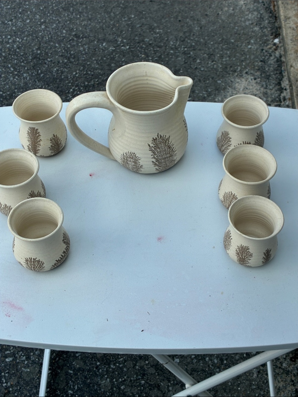 Handcrafted Cream Ceramic Pitcher and Cups Set with Brown Botanical Motif Bisque